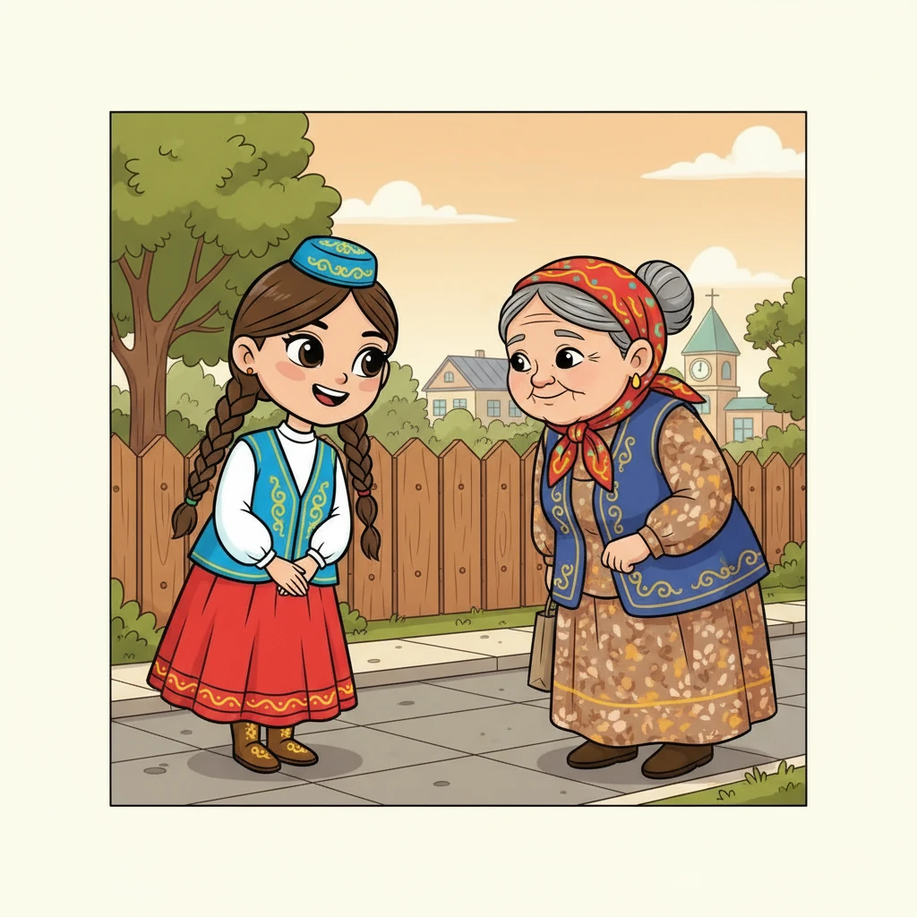 Мектепке бара жатқан Айгүл көршісі әжеймен кездесті. "Амансыз ба, әжей!" деп сәлем берді. Әжей Айгүлге жылы жымиып, "Жақсы, балам, өзің қалайсың?" деп жауап қатты. Айгүлдің ізгі ниеті әжейдің көңілін көтерді.