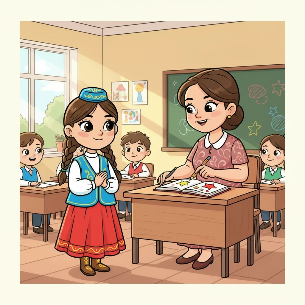 Сабақта Айгүл мұғаліміне "Рахмет, ұстаз!" деп айтты. Мұғалімі Айгүлдің жауабына риза болып, оған жақсы баға қойды. Айгүлдің сыпайылығы мен білімі барлығын тәнті етті.