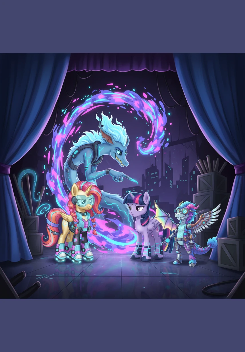 Behind the curtains, Discord appears in a swirl of chaotic energy, whispering a mischievous idea to the disgruntled group. He offers them a chance to get back at Twilight for her joke, suggesting they find one of her secret magic lamps to turn the tables.
