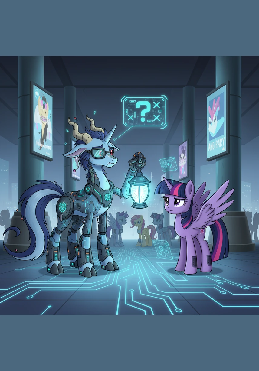 Back in the main hall, the group presents the lamp to Discord with hopeful smiles, but the draconequus simply sighs and shakes his head. He tells them it is the wrong lamp entirely, leaving the ponies feeling frustrated and confused about their failed mission.