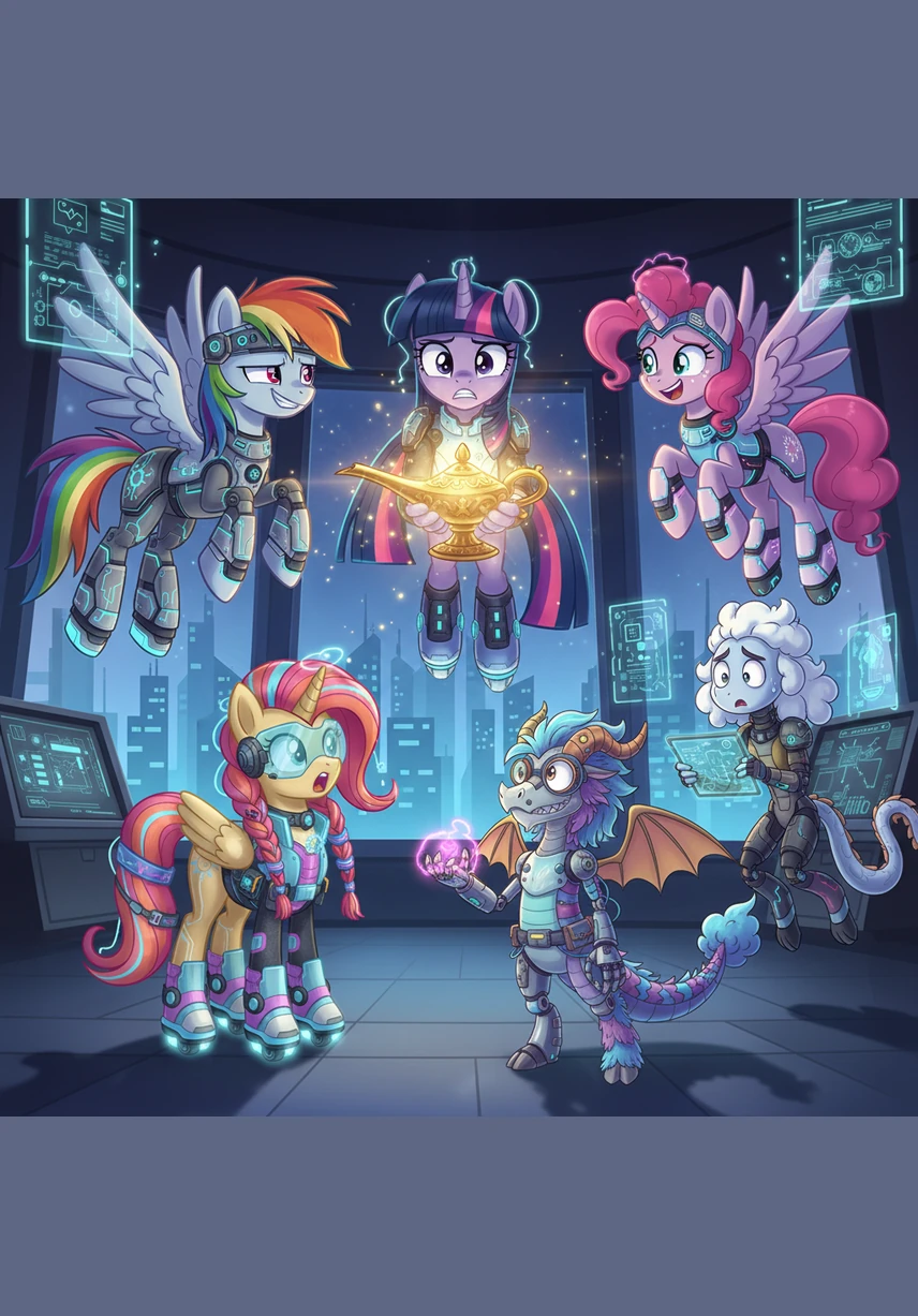 Suddenly, Twilight Sparkle enters the room accompanied by Rainbow Dash and Pinkie Pie, carrying a brilliantly glowing, authentic magic lamp. They look down at Sunny and her friends with knowing smiles, revealing that they knew about the plan all along.