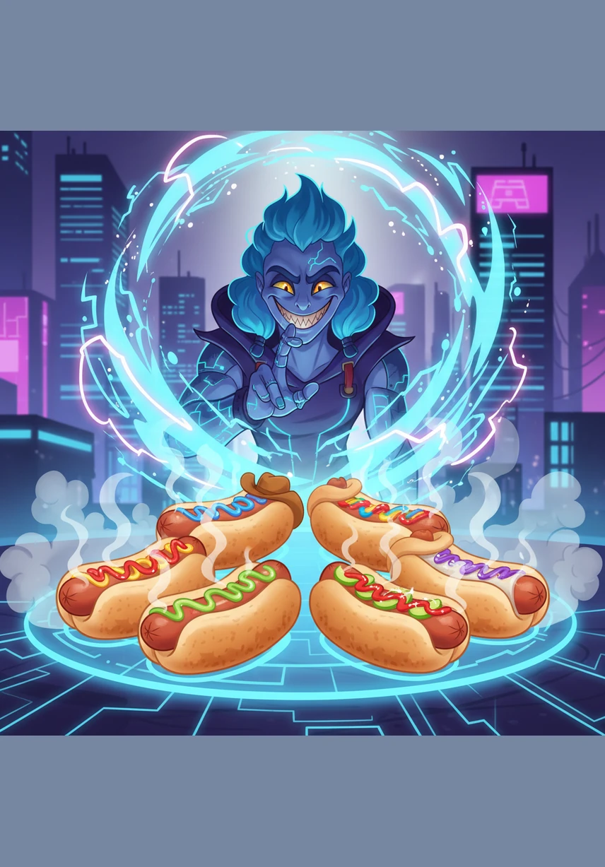 Discord finds Pinkie's logic irresistible and snaps his fingers with a wicked grin, surrounding the six friends in a burst of magical light. When the smoke clears, Sunny and her friends have been transformed into literal, steaming pork hotdogs nestled inside soft bread buns.