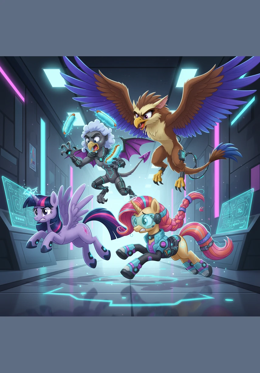 The situation turns from embarrassing to frantic when Gabby the Griffon swoops into the room, her beak watering at the delicious smell of the pony-hotdogs. Sunny and her friends are forced to roll and hop away as fast as they can while the hungry griffon chases them around the hall.