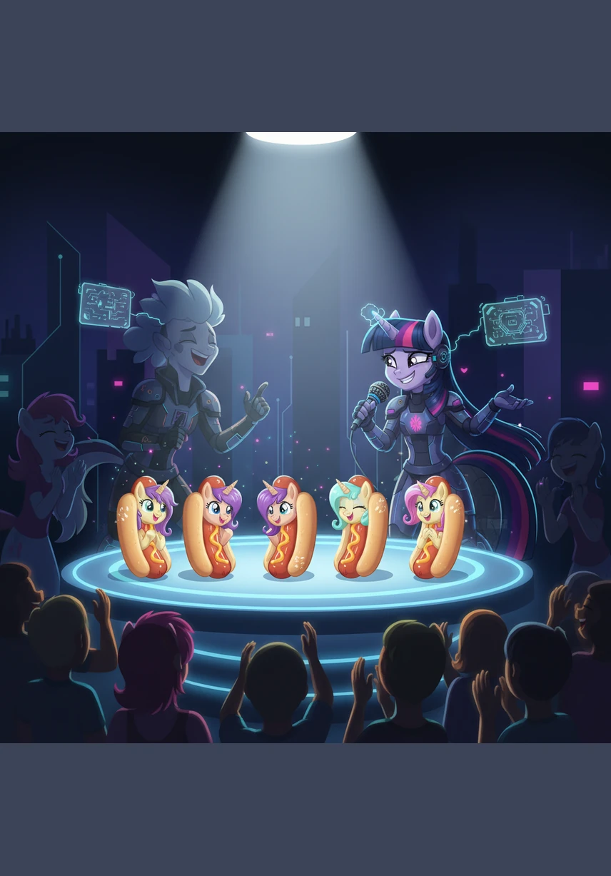 In the final act of the show, the six friends are placed on a table under the spotlight, still in their hotdog forms, for a special interview with Twilight. As the audience roars with laughter, Twilight delivers one final punchline about their 'meaty' new perspective on friendship.