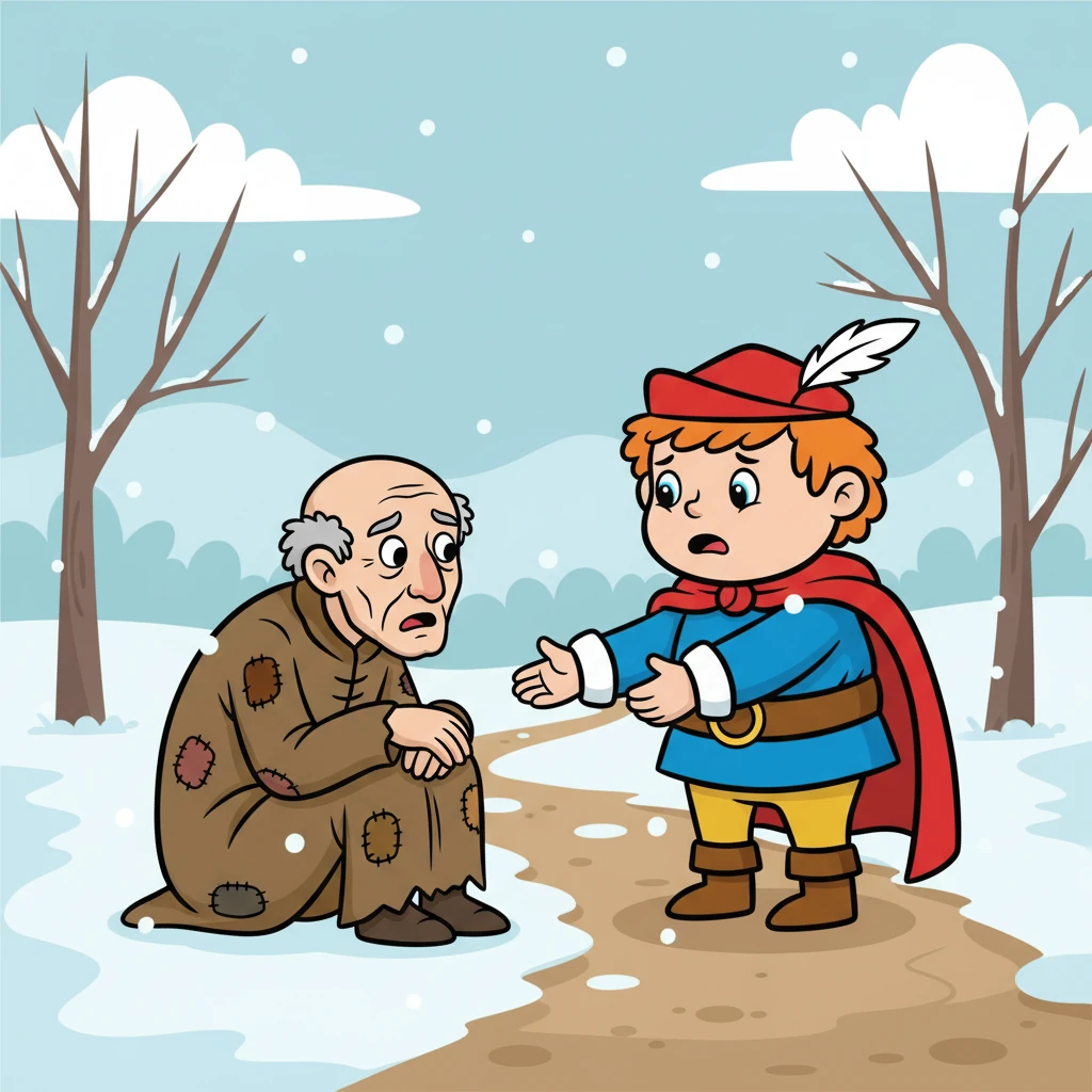 Na cestě potkal chudého žebráka, který se třásl zimou. Martin viděl jeho utrpení a cítil s ním.