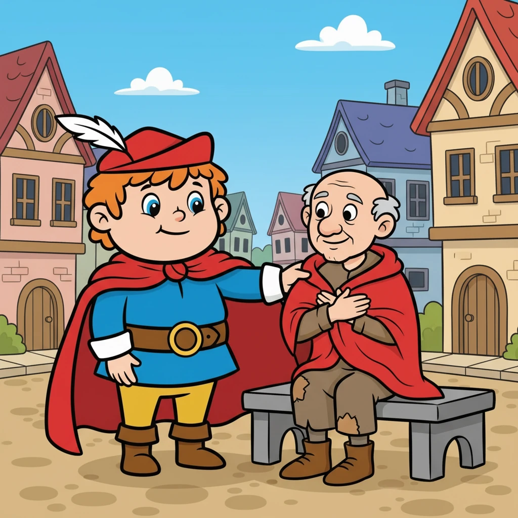 Jednu polovinu pláště dal žebrákovi, aby se zahřál. Žebrák byl vděčný a Martin se cítil dobře.