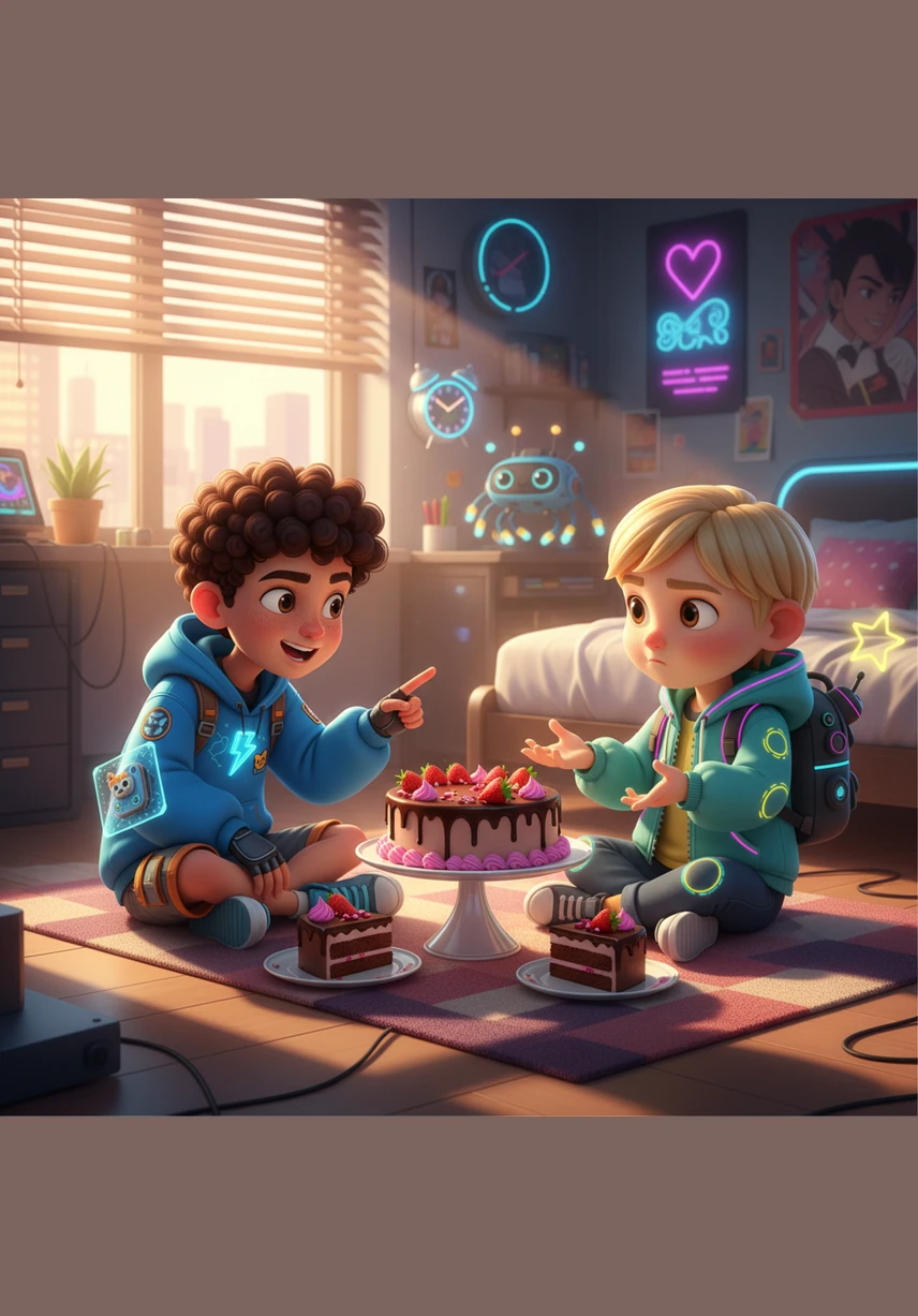 In a cozy bedroom bathed in warm morning sunlight, Youcef and Anes sit cross-legged on the rug with a delicious strawberry chocolate cake between them. Youcef confidently declares that the Earth is round, but little Anes insists it is as flat as a plate, leading them to make a playful bet: the winner gets to eat both slices of cake.