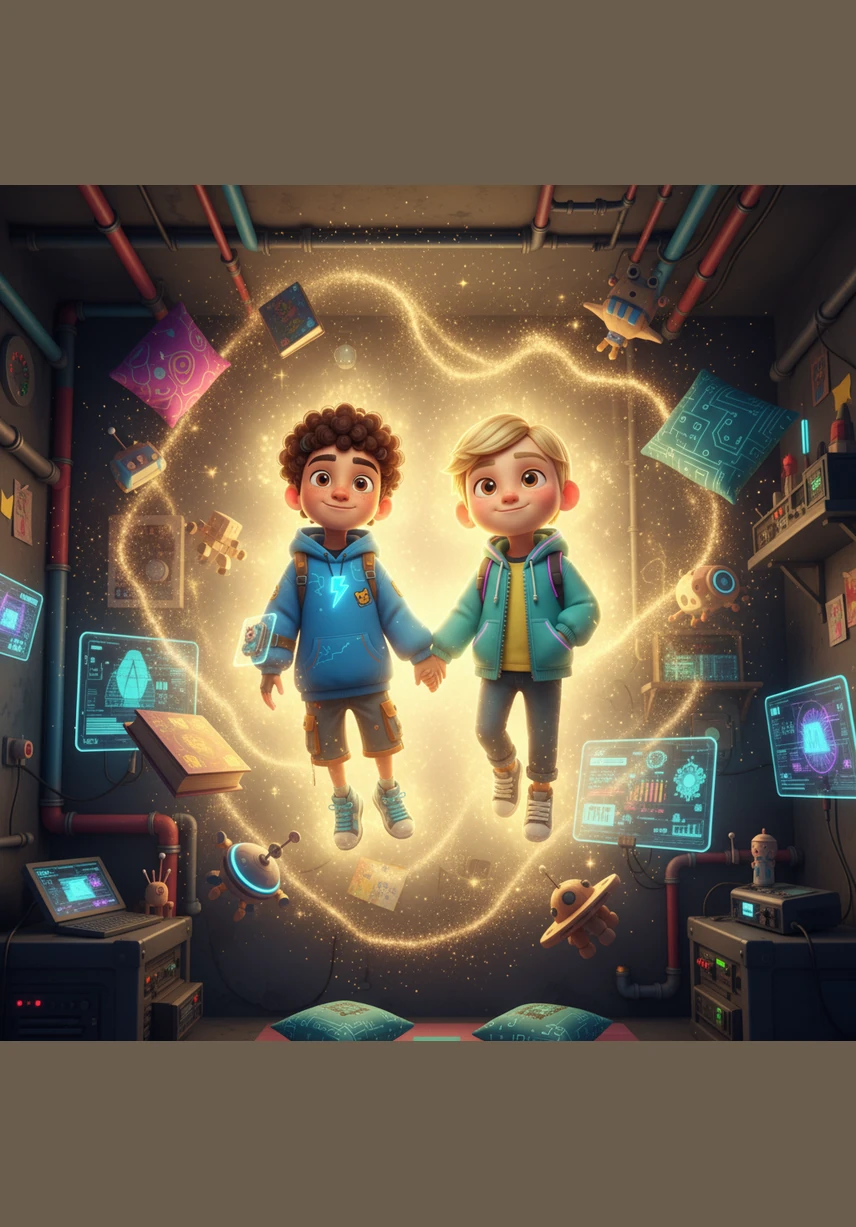 Suddenly, the room begins to pulse with a soft golden glow, and an invisible magical force lifts the two brothers toward the ceiling. Their books, pillows, and wooden toys float around them like tiny planets as they hold hands, gasping in delight at the sparkling magical dust filling the air.