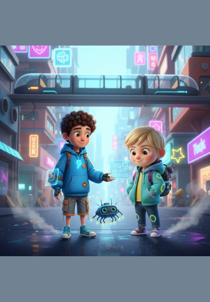 The boys drift out through the window and soar high above the bustling city, pointing down at the miniature streets, green parks, and tiny cars below. Youcef explains that everything on the ground moves smoothly because of the Earth's steady spin, while the horizon begins to reveal a gentle, magical curve.