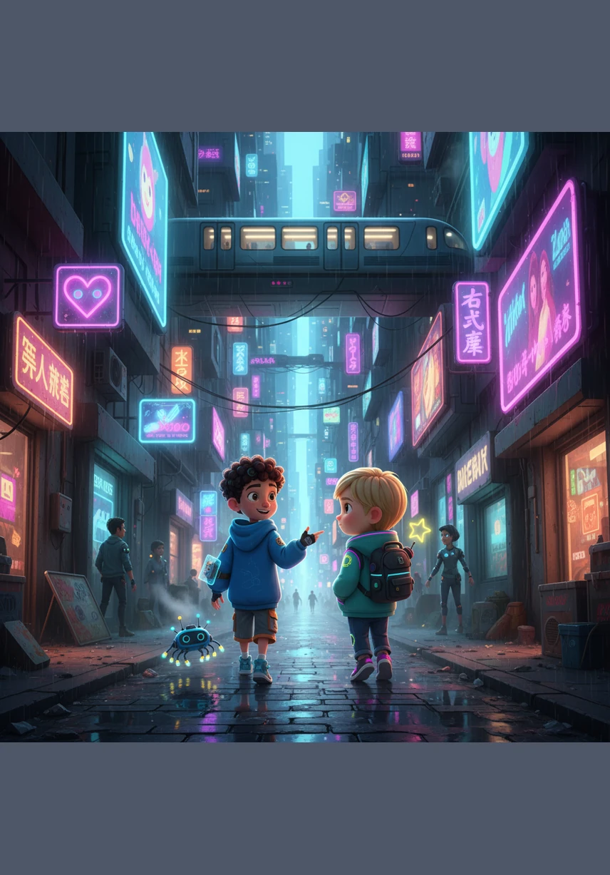 Wrapped in shimmering, magical astronaut suits, the brothers float into the deep velvet of space with the magnificent blue Earth swirling beneath their feet. A friendly, smiling Sun and a sleepy Moon watch over them as Youcef describes the day and night cycle and how the planet spins from west to east among the twinkling stars.