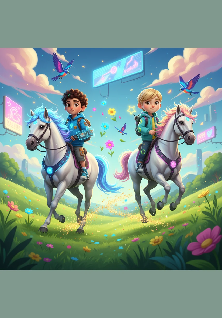 Descending back toward the lush green surface, the brothers land on the backs of two majestic white horses that gallop across a beautifully curved landscape. Golden magical trails follow their every stride as floating flowers and colorful birds join their surreal, dreamlike race across the hills.