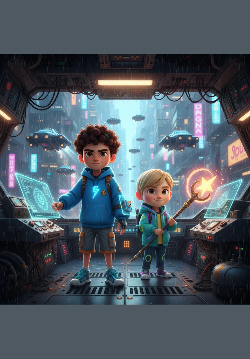 The scene shifts as the boys find themselves at the helm of a magnificent magical ship sailing through a sea of fluffy clouds and sparkling ocean waves. Youcef points toward the distant horizon, explaining how the clouds and birds move in perfect harmony with the world's rotation under a brilliant, cinematic sky.