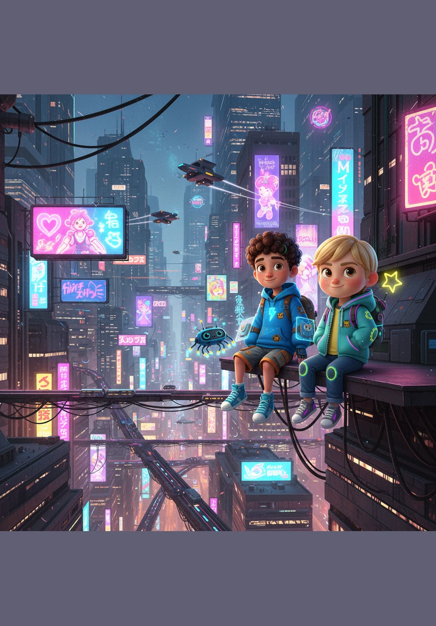 As the sun begins to set in a palette of deep purples and vibrant oranges, the boys watch the world transition from light to shadow from their high vantage point. They see the first stars begin to twinkle, realizing just how vast, beautiful, and perfectly round their spinning home truly is.