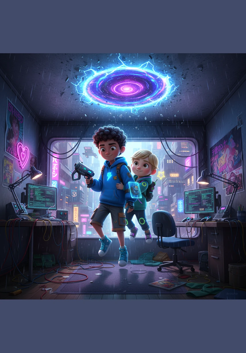 With a final burst of sparkling magical dust, the boys gently float back down through their bedroom ceiling as the golden glow slowly begins to fade. They land softly on their rug, dizzy with excitement and still breathless from their incredible journey across the globe.