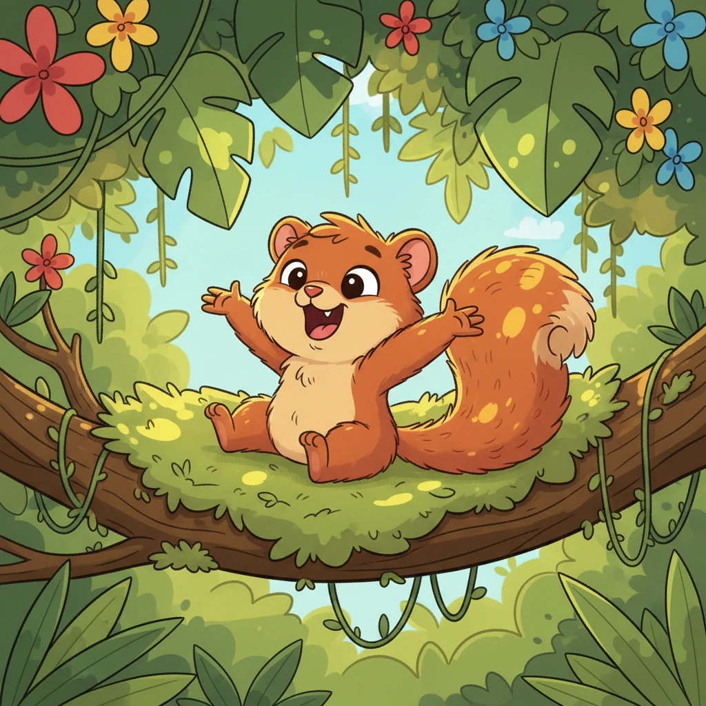 Remy wakes up in his cozy tree branch bed, stretching with a big yawn. Sunlight filters through the leaves, painting playful patterns on his fluffy tail. He wiggles his nose, excited for a new day of jungle fun.