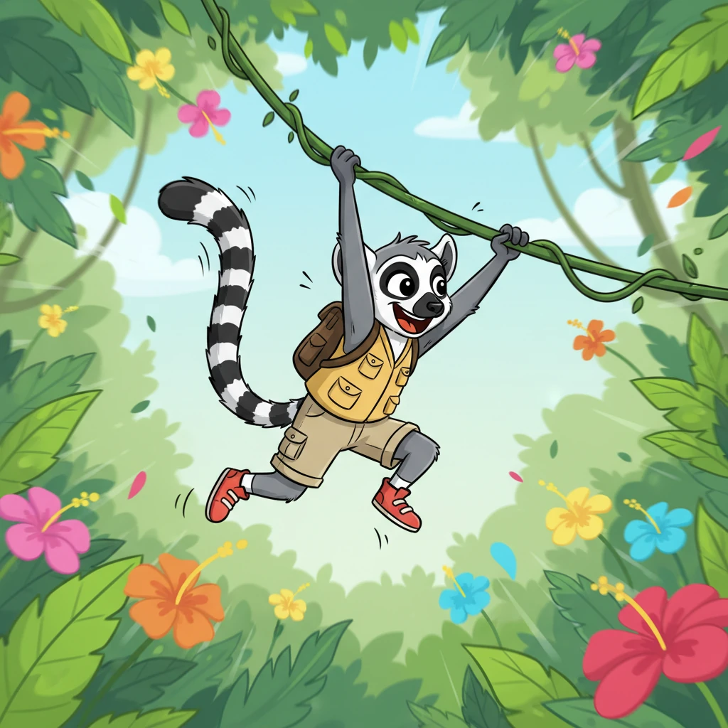 With a joyful leap, Remy swings from vine to vine, his long tail balancing him perfectly. Bright green leaves and colorful blossoms blur past as he zips through the canopy. He giggles, loving the wind in his fur.