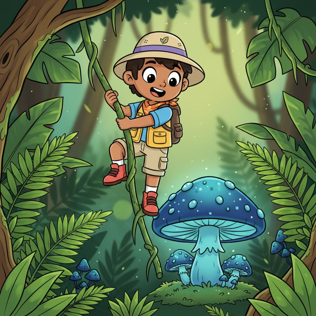 Remy spots something shimmering amongst the ferns below. He carefully climbs down to discover a giant, glowing blue mushroom with tiny, sparkling dew drops. It looks like a magical jewel in the heart of the jungle.
