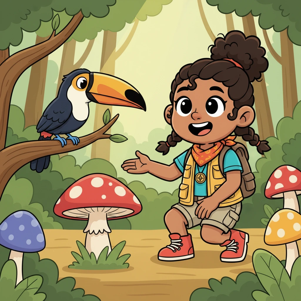 As Remy admires the mushroom, a friendly, brightly colored toucan lands nearby. The toucan, named Rico, cocks his head, eyeing the mushroom with curiosity. Remy waves a paw, inviting Rico to join his discovery.