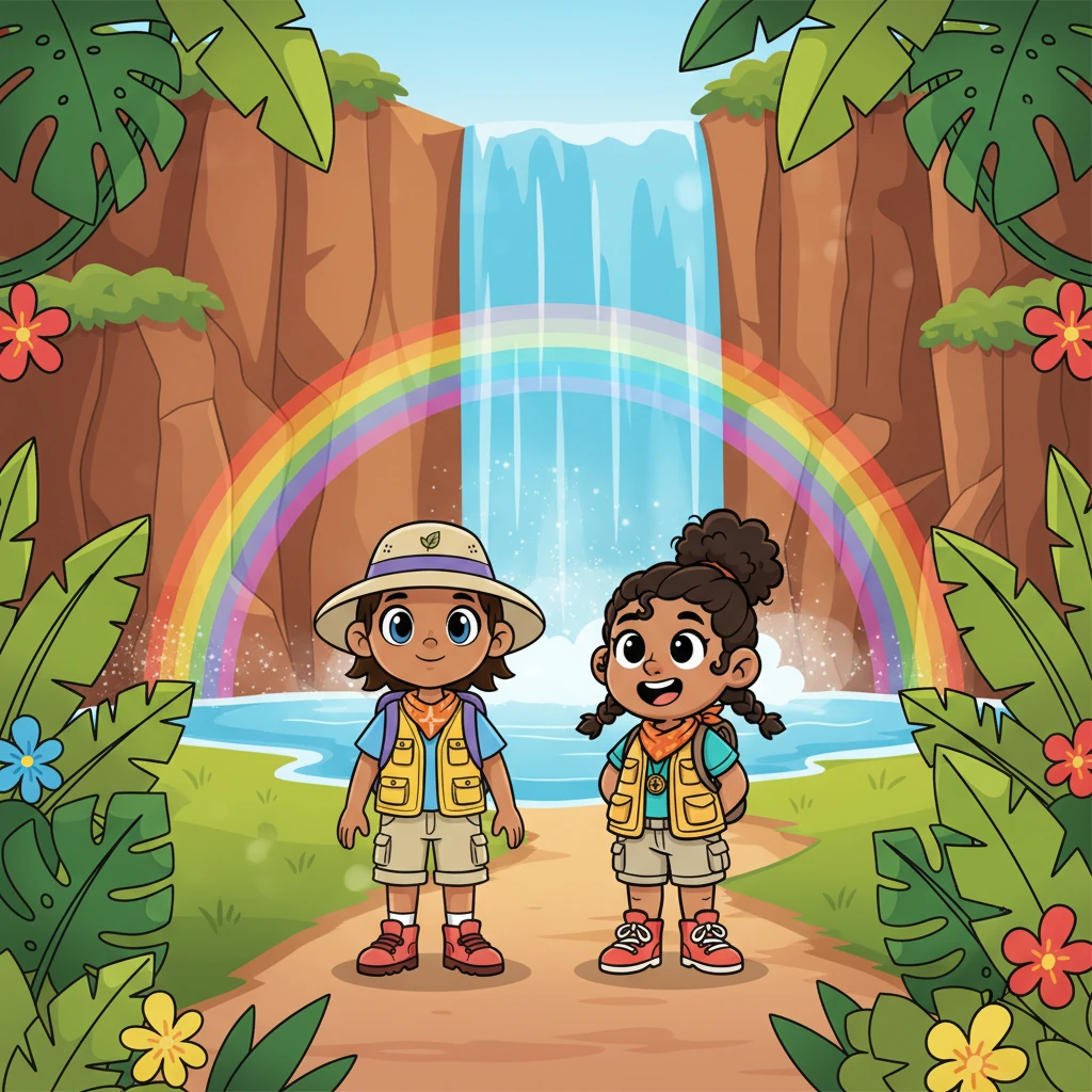 Together, Remy and Rico follow a winding path deeper into the jungle. They suddenly emerge into a clearing where a magnificent waterfall tumbles into a sparkling pool. Rainbows dance in the mist above the crystal-clear water.