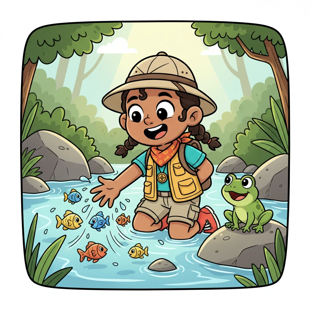 Remy can't resist a splash! He carefully dips his paws into the cool water, giggling as tiny, brightly colored fish dart around his fingers. Rico watches from a comfortable rock, chirping happily.