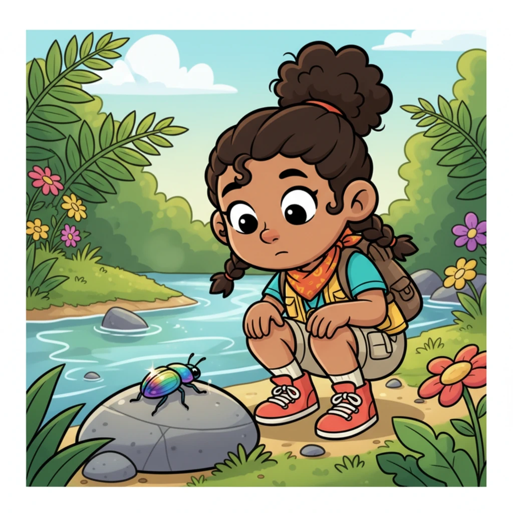 While playing, Remy notices a dazzling, iridescent beetle scuttling across a smooth river stone. Its shell glows with all the colors of the rainbow, reflecting the sunlight. He watches it crawl, mesmerized by its beauty.