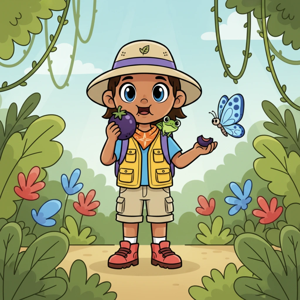 Remy finds a juicy, ripe jungle berry and takes a small bite. A shy, polka-dotted butterfly flutters close, looking hungry. Remy kindly offers the butterfly a piece of his sweet treat.