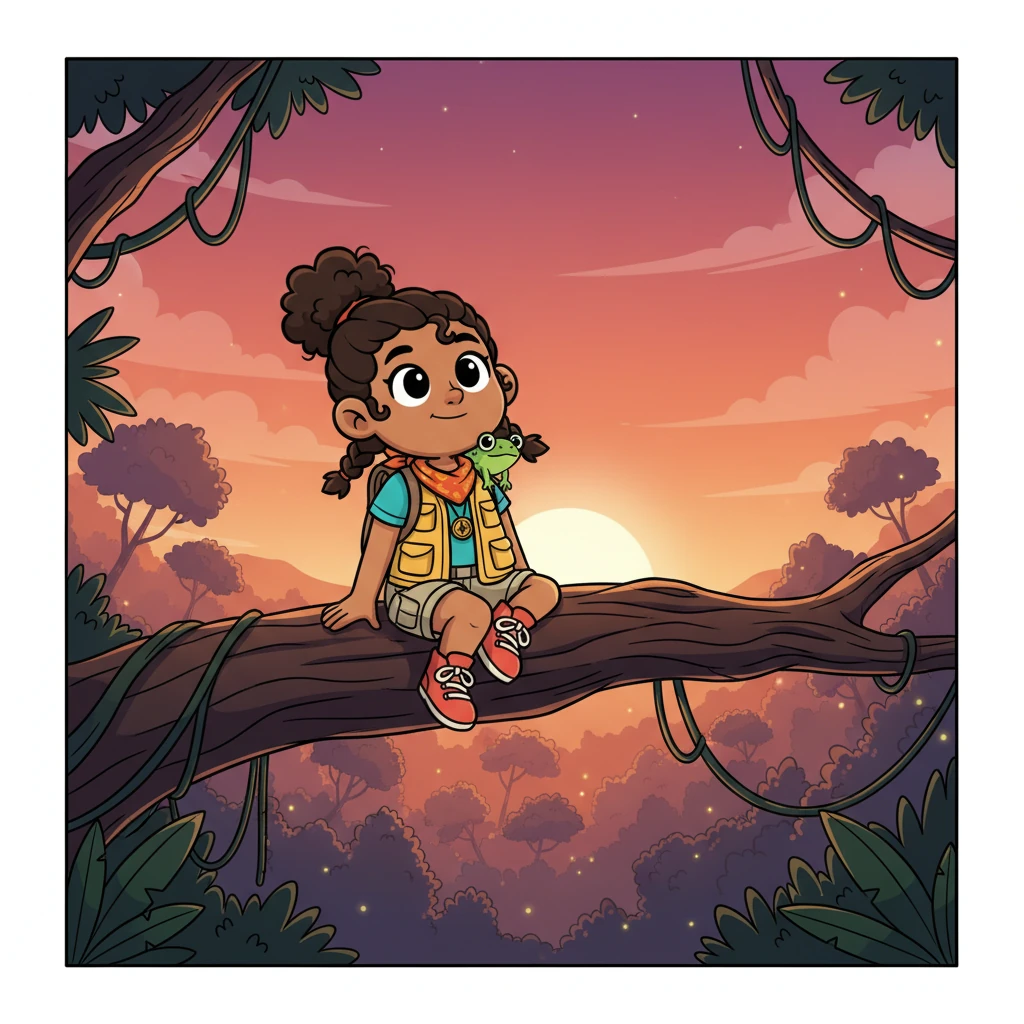 As the sun begins to set, the jungle is painted in hues of orange, pink, and purple. Remy and Rico sit on a high branch, watching the sky transform. The air fills with the gentle sounds of the jungle winding down.
