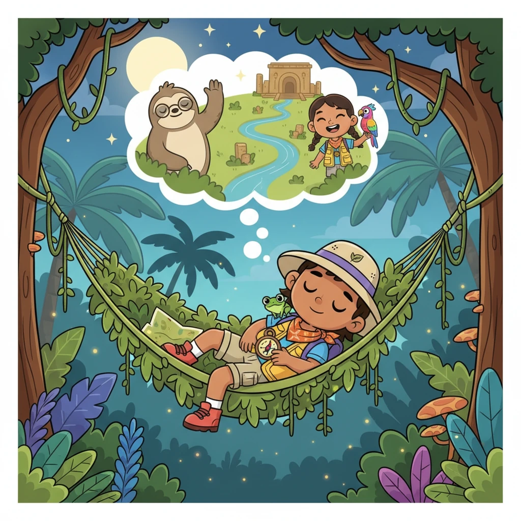 Tired but happy, Remy makes his way back to his cozy tree branch. He snuggles down, dreaming of all the wonderful things he saw and the friends he made. Tomorrow promises even more jungle adventures.