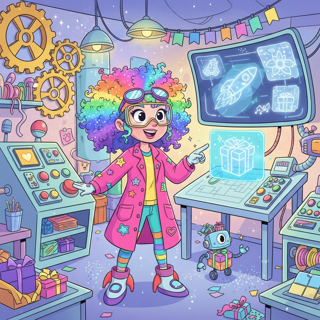 Meet Sparkle McGift, a whirlwind of glitter and glee, in her bustling workshop for Elite Corporate Gift. Surrounded by glowing blueprints and shimmering ideas, she's always ready to craft unforgettable moments. Her workshop is a wonderland of gears, buttons, and magical screens, all designed to spread joy.