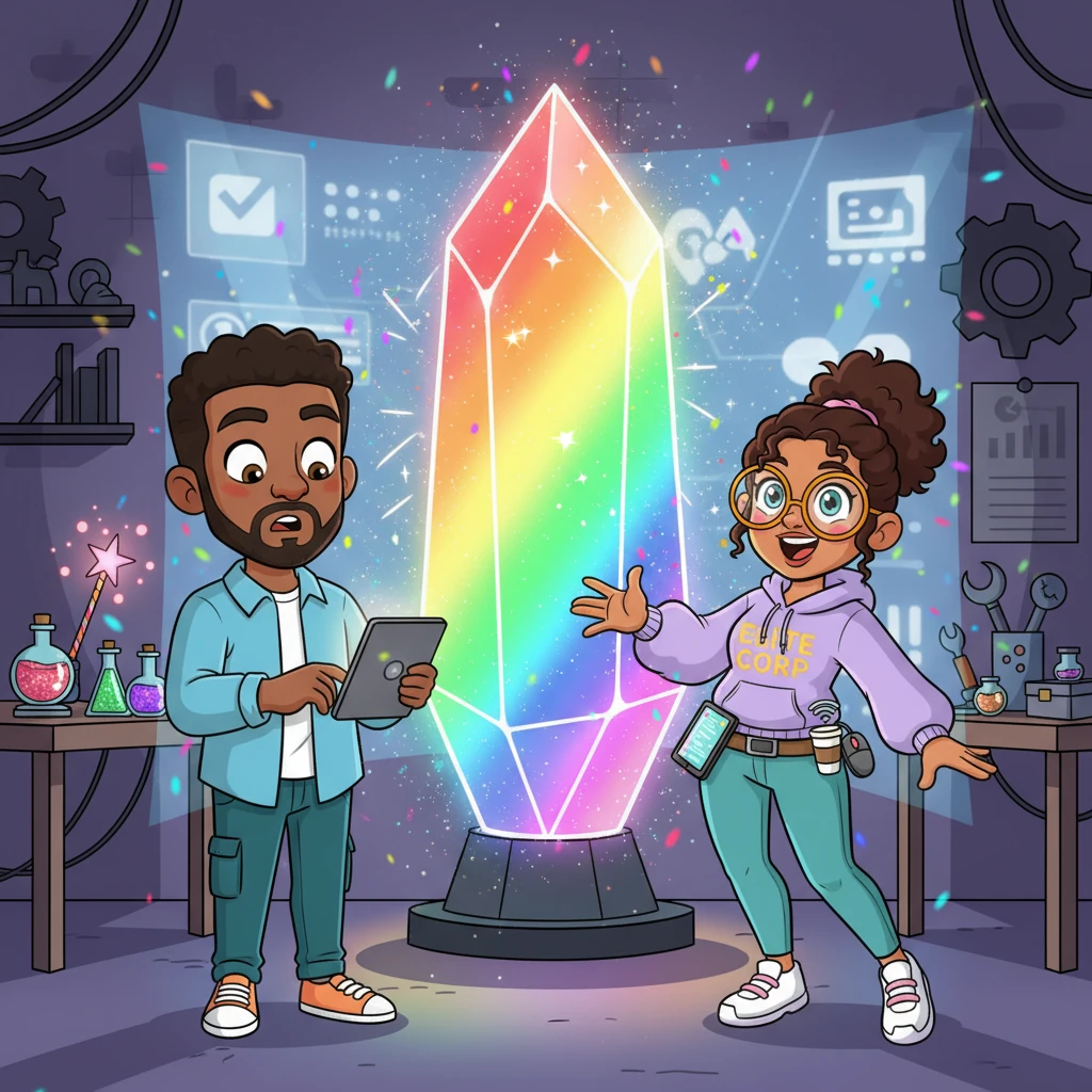 Suddenly, a colossal, rainbow-pulsing 'Order Beacon' lights up the room, signaling a monumental request from a grand corporate client. Sparkle's eyes twinkle with excitement, her hands already reaching for her fantastical tools. This is a big one, calling for her very best magic!
