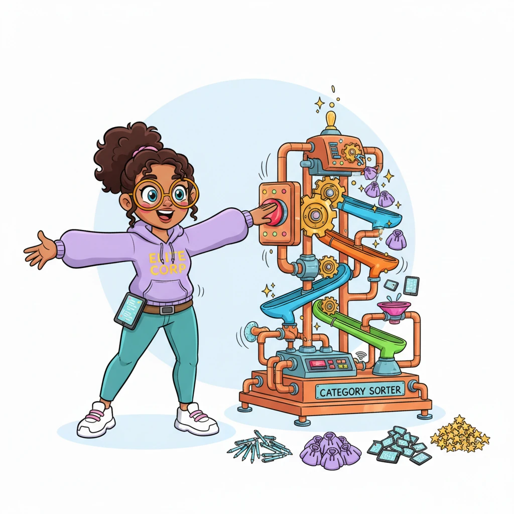 With a cheerful spin, Sparkle activates her wondrous 'Category Sorter' machine. Whimsical chutes and spinning gears whir to life, organizing countless items into neat piles: shiny pens, cozy hoodies, clever gadgets, and elegant awards, all ready for their special purpose.