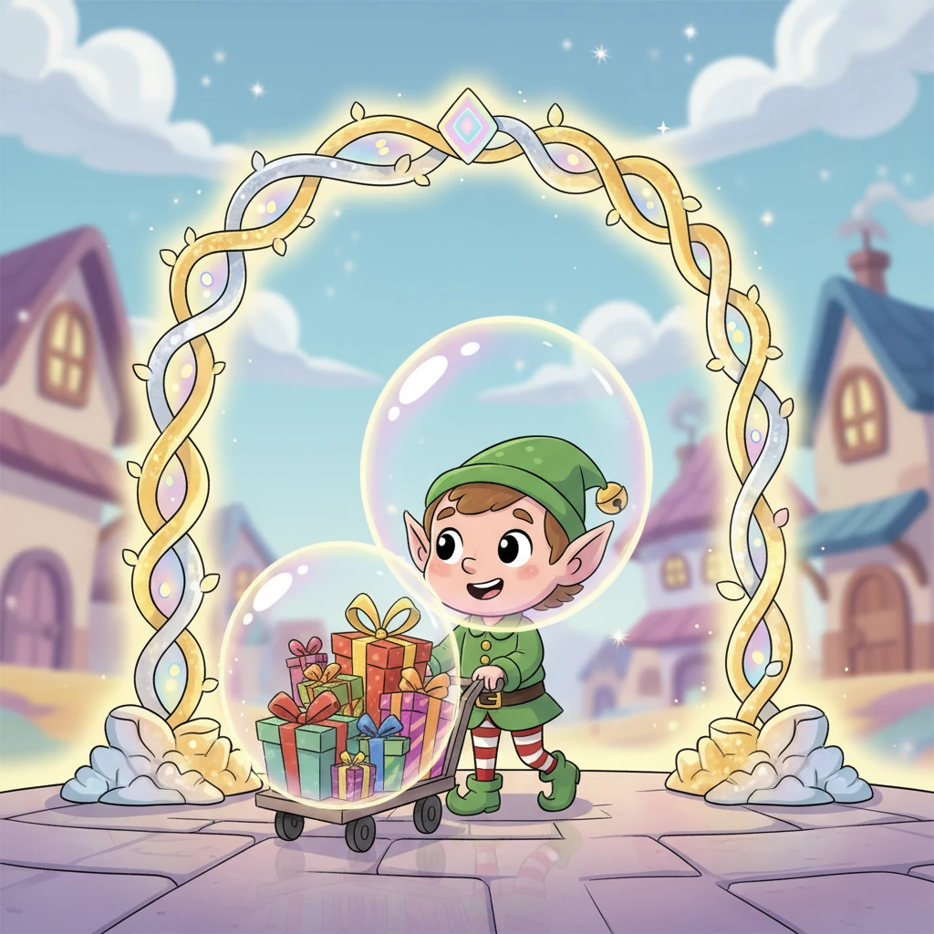 Once customized, the gifts pass through the 'Secure Packaging Portal,' a shimmering archway that wraps each item in a protective, glowing bubble. This ensures every present is perfectly safeguarded and ready for its grand journey, no matter how far.