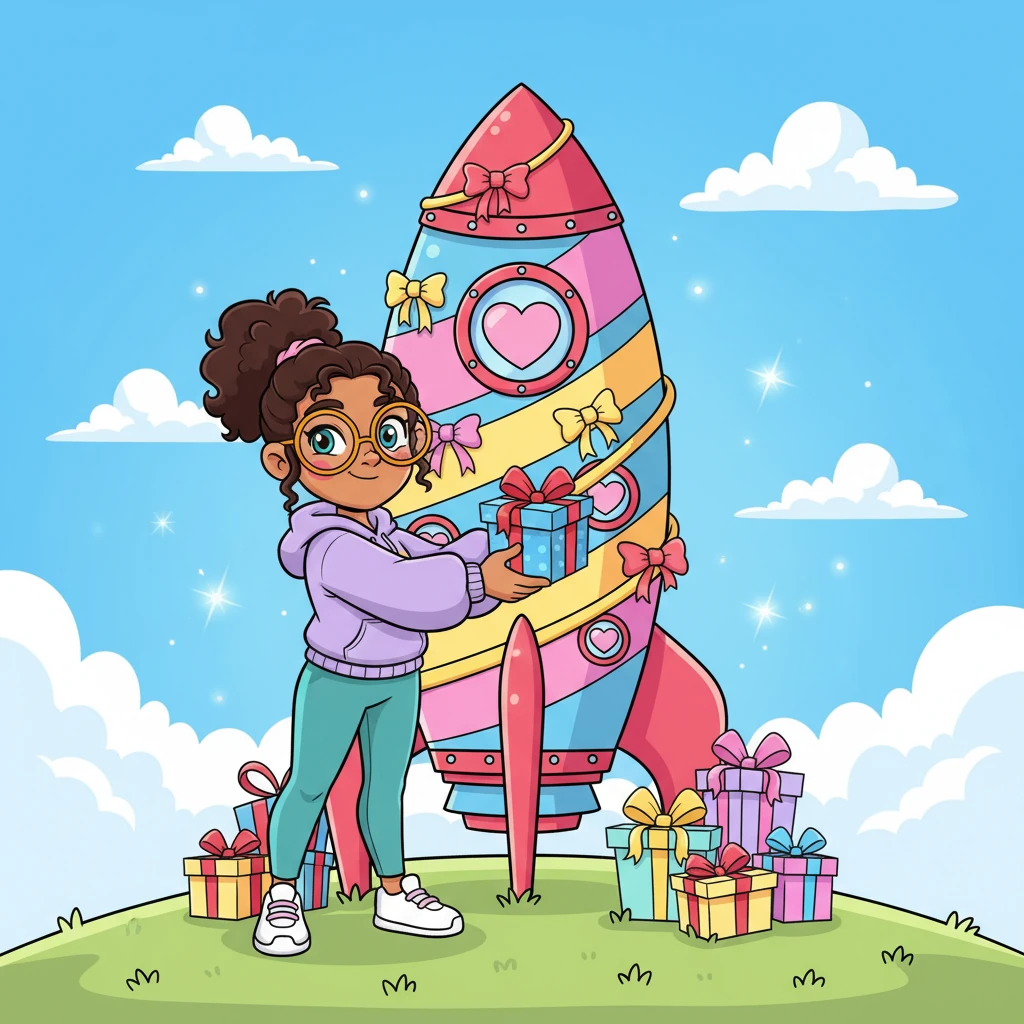 With a confident wink, Sparkle carefully loads the beautifully prepared gifts onto her magnificent 'Relationship Rocket.' This fantastical vessel, adorned with ribbons and bows, is primed to soar through the skies and deliver happiness far and wide.