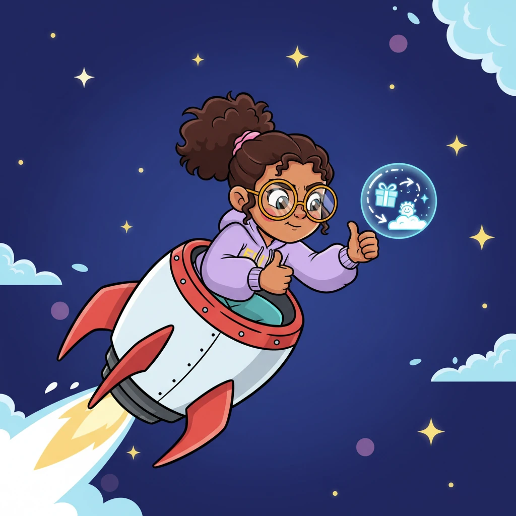 As the Relationship Rocket zooms through a sky filled with twinkling stars, Sparkle watches intently. A small, glowing 'Tracking Orb' floats beside her, showing the gift's precise path, ensuring every moment is monitored until it reaches its happy recipient.