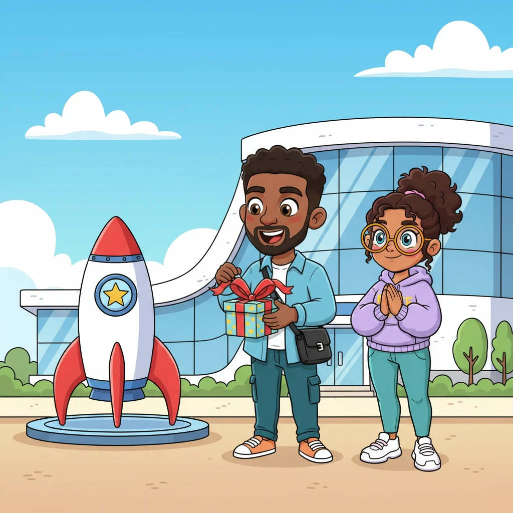 The rocket makes a graceful landing outside a grand, modern building, where a friendly CEO character stands with a joyful gasp. He carefully unwraps a beautifully presented gift, his face beaming with delight at the thoughtful gesture.