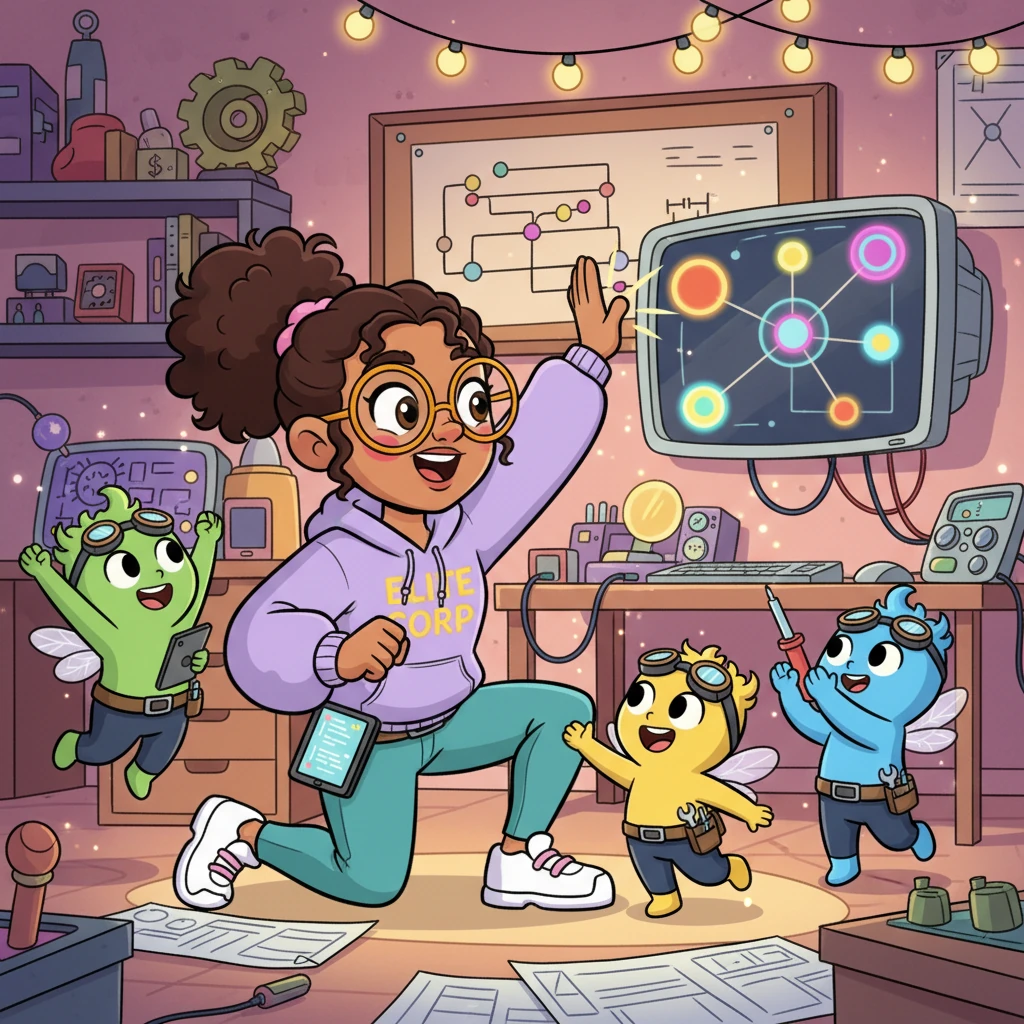 Back in her vibrant workshop, Sparkle high-fives her tiny, energetic helper sprites, their mission successfully accomplished. They cheer with glee, already looking forward to the next exciting challenge of crafting connections.