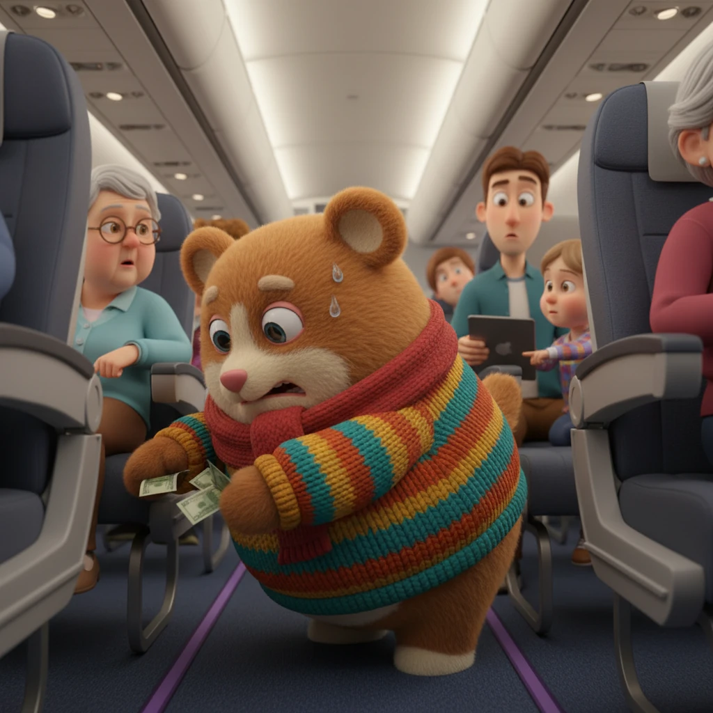 Смущенный Василий начал суетиться, пытаясь достать свои деньги из-под сиденья самолета. Он привлек внимание других пассажиров, которые смотрели на него с недоумением. Он чувствовал себя очень неловко.