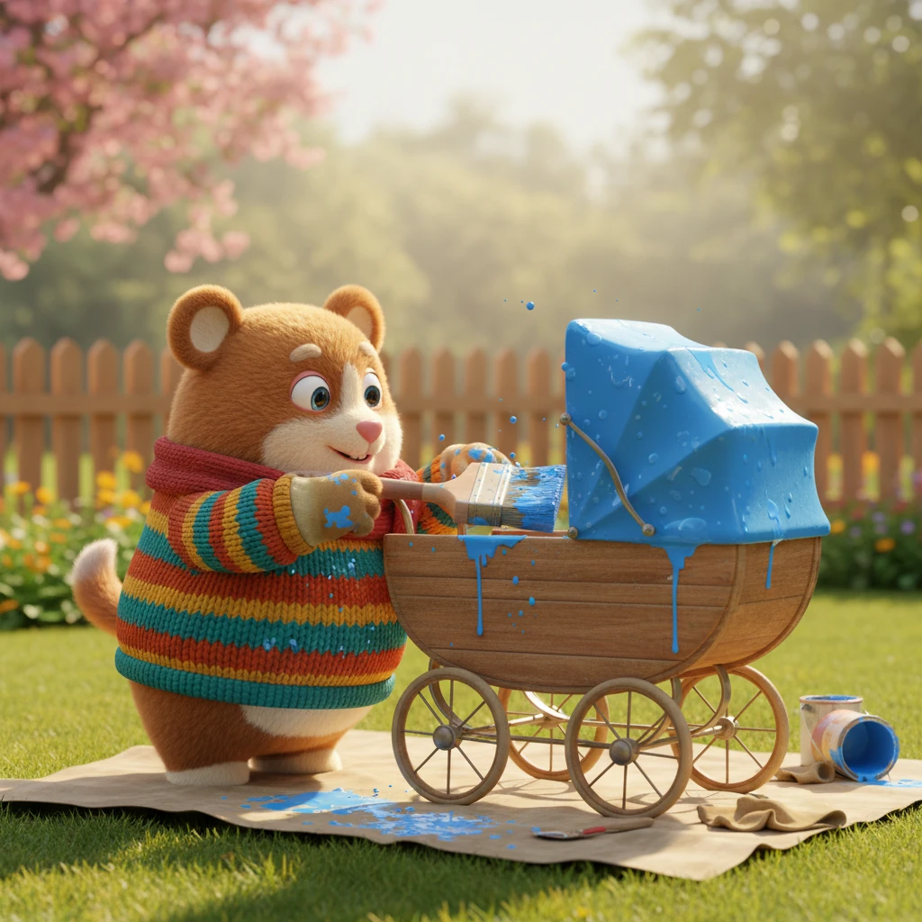 Желая быть полезным, Василий решил покрасить старую детскую коляску в яркий, жизнерадостный цвет. Он с увлечением мазал кистью, не замечая брызг краски вокруг.