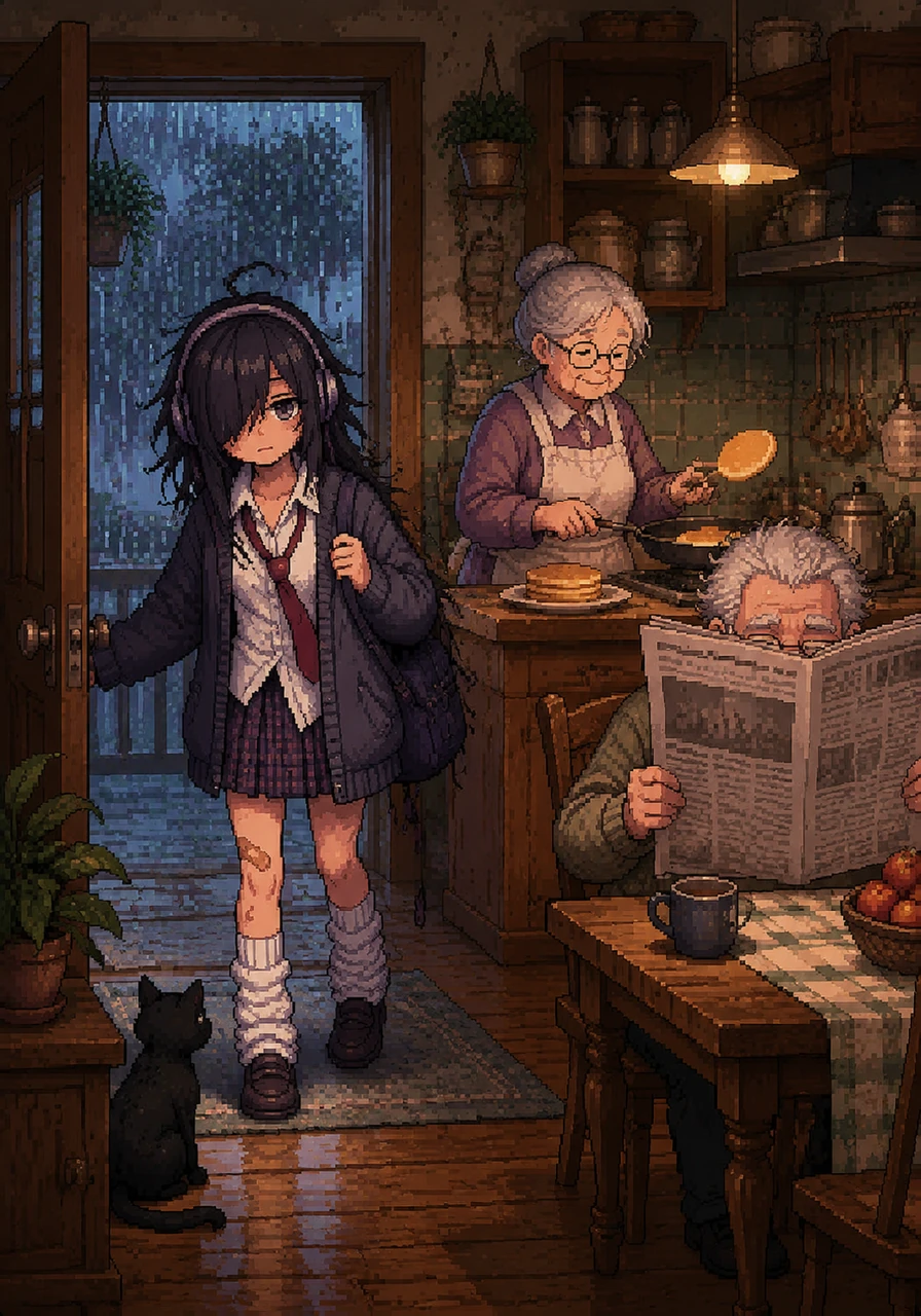 Emma drags herself into the warm, cluttered kitchen, her hair a wild mess and her school tie lopsided. Rain streaks the windows while Grandma flips pancakes and Grandpa hides behind his thick newspaper.