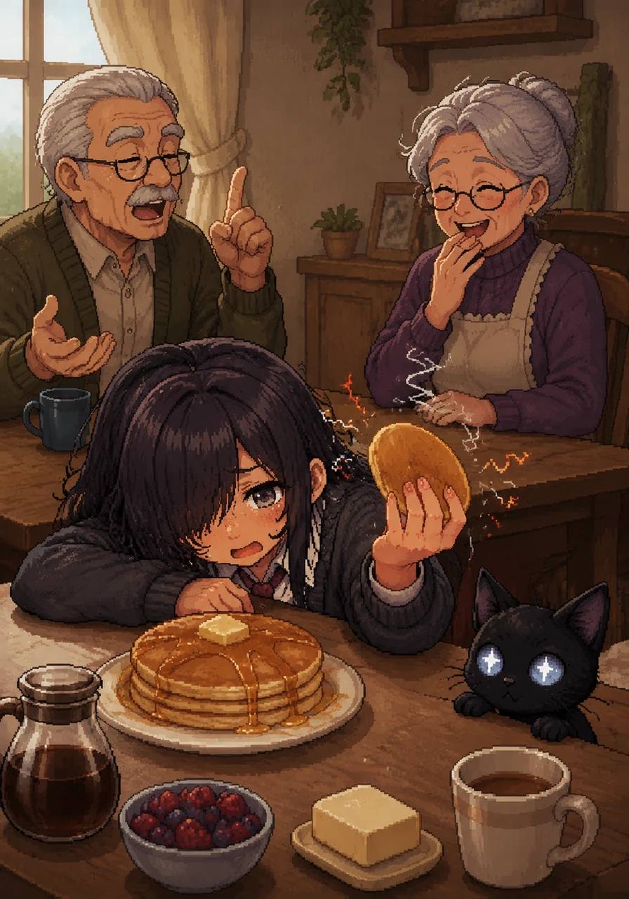 Emma groans as she drops her head onto the table, barely awake enough to handle Grandpa’s stories about the old days. She grabs a hot pancake with her bare hands, yelping in pain as Grandma laughs at her morning clumsiness.