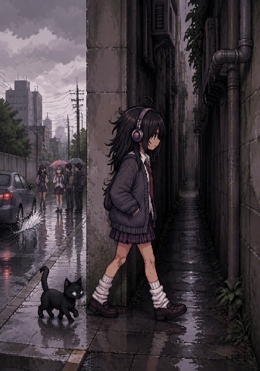 Walking to school under a gray sky, Emma keeps her headphones on to drown out the splashing cars and chatting students. She turns into a narrow, dripping alleyway, her usual shortcut through the city's concrete heart.