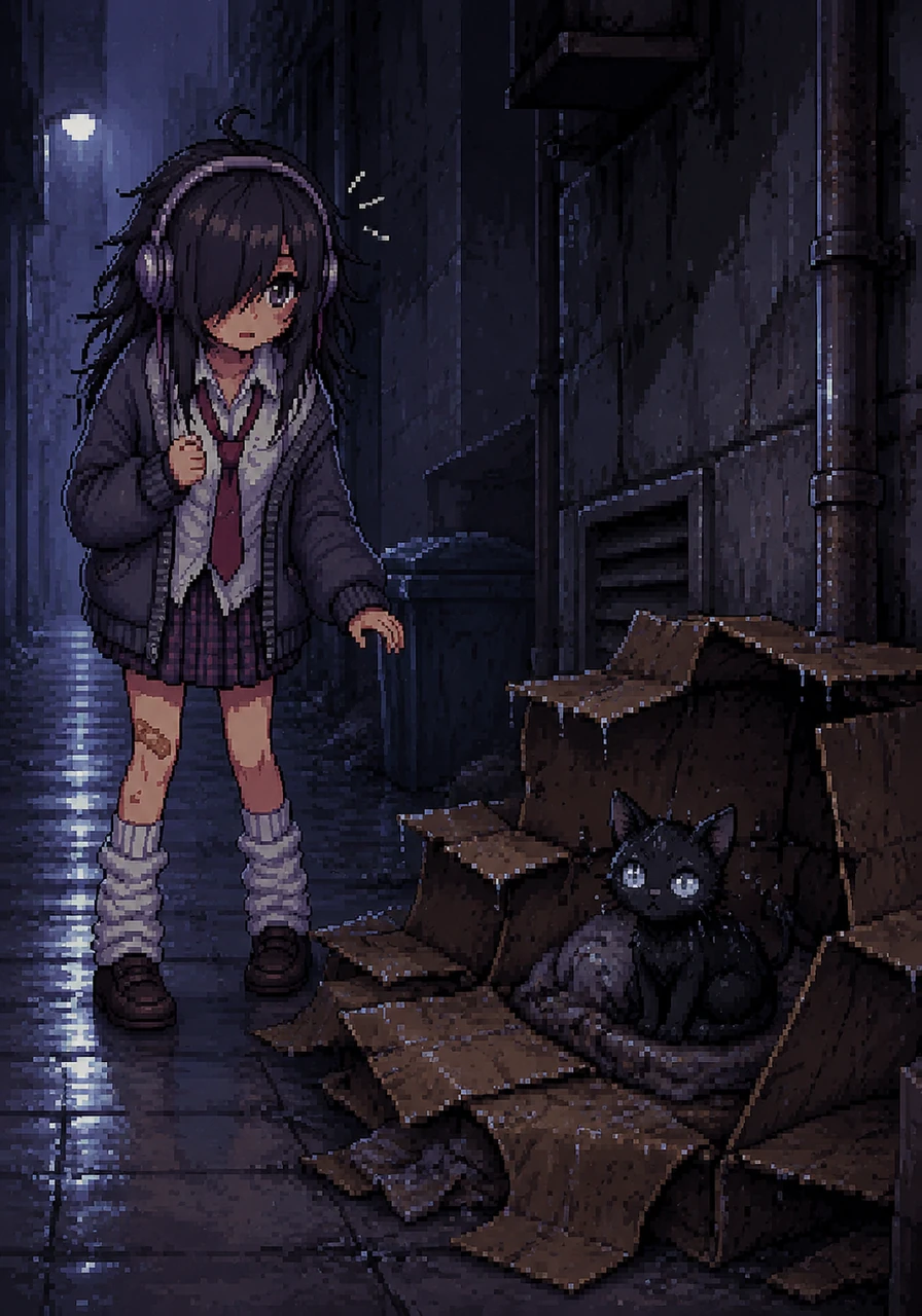 A sudden crash makes Emma freeze, but a tiny, weak meow draws her toward a pile of wet cardboard boxes. There sits a small black cat with startling silver eyes, shivering in the damp shadows of the alley.