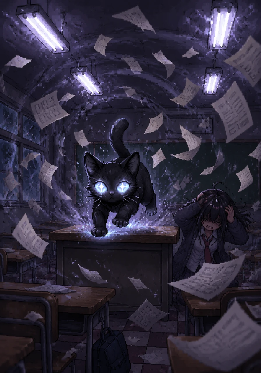 The cat leaps onto the desk, its eyes glowing like twin moons, and the classroom lights begin to flicker violently. Suddenly, a whirlwind of worksheets rises into the air, spinning around the room while the teacher ducks for cover.