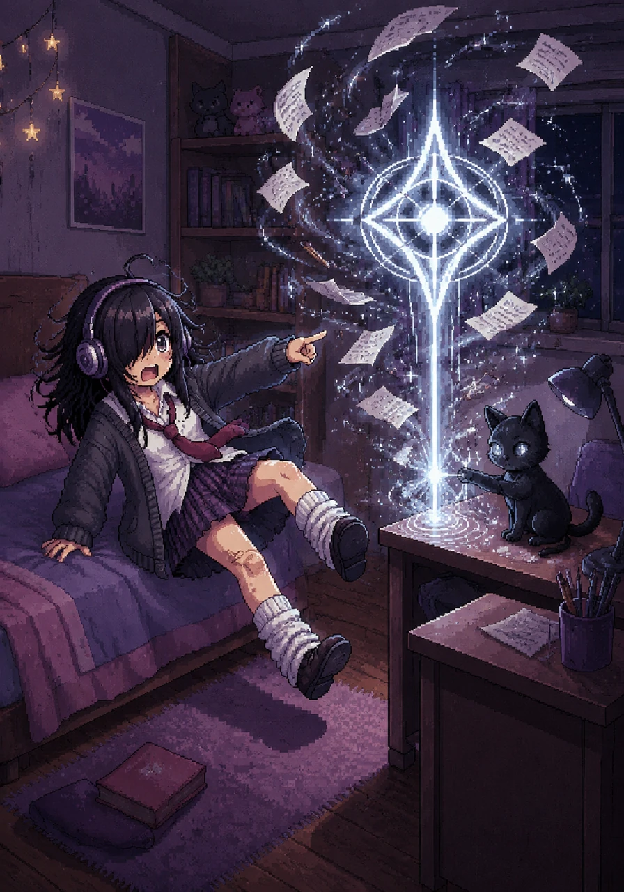 Back in the safety of her bedroom, Emma points a finger at the cat, demanding an explanation for the levitating math homework. The cat simply taps the desk, and a glowing silver symbol erupts into the air, sending Emma tumbling off her bed in shock.