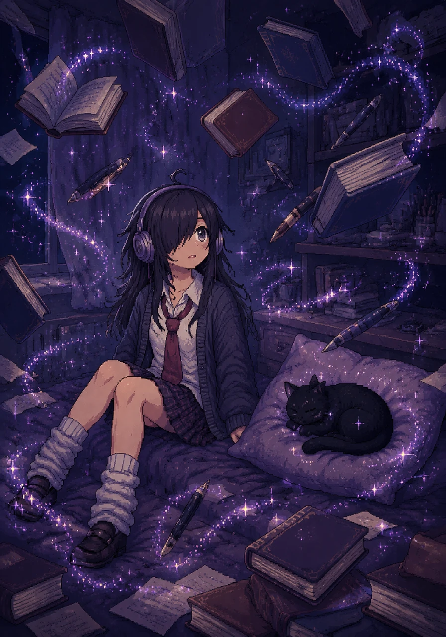 Books and pens drift lazily through the air like fish in an aquarium while the cat curls into a peaceful, sleepy ball on the pillow. Emma watches the magic swirl around her, realizing her life will never be quiet or normal ever again.
