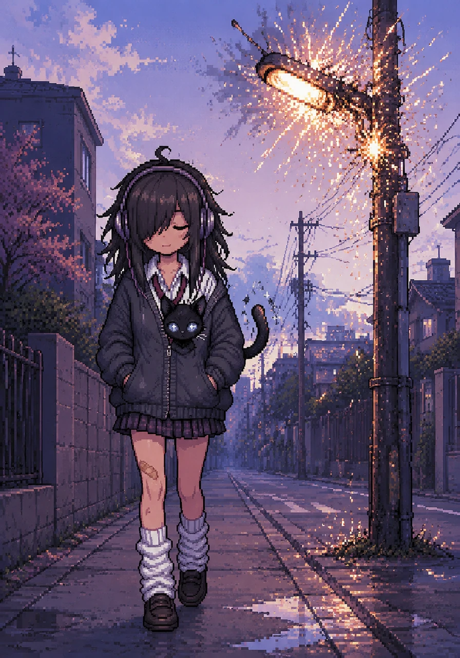 The next morning, Emma walks down the street with the cat peeking out from her jacket, its tail twitching with mischief. As a nearby streetlight explodes in a shower of sparks, Emma sighs and keeps walking, accepting her new life with a magical companion.
