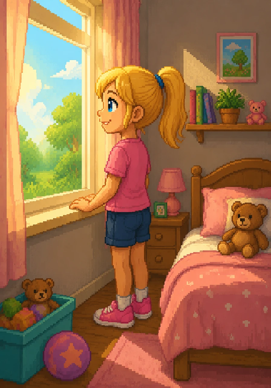 Maria João stands by her bedroom window, looking out at the bright morning sun with a cheerful smile. Today is a very special day, and her eyes sparkled with the excitement of celebrating Children's Day.