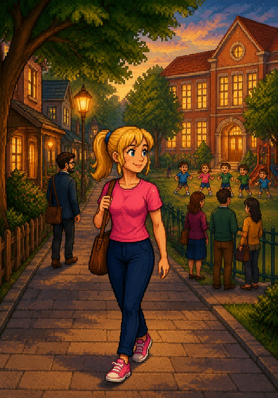 Maria João walks past a cozy neighborhood street, looking at the warm houses and a bustling school full of children. She reminds us that all children have a fundamental right to a safe home, healthy food, a good education, and proper healthcare.