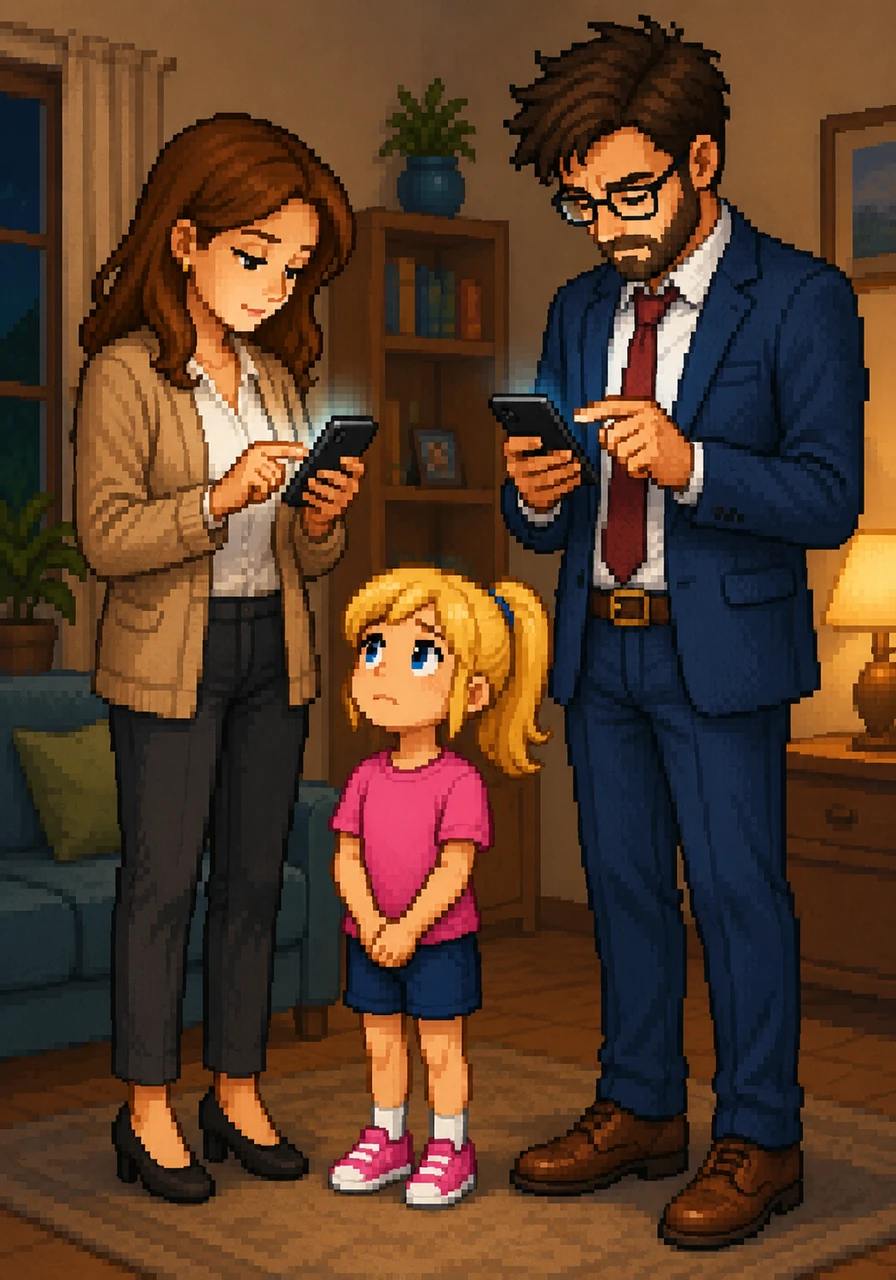 Maria João looks up at her parents, who are busy looking at their phones and talking about adult schedules. She realizes that sometimes adults forget how the smallest things to them can feel incredibly massive inside a child's heart.