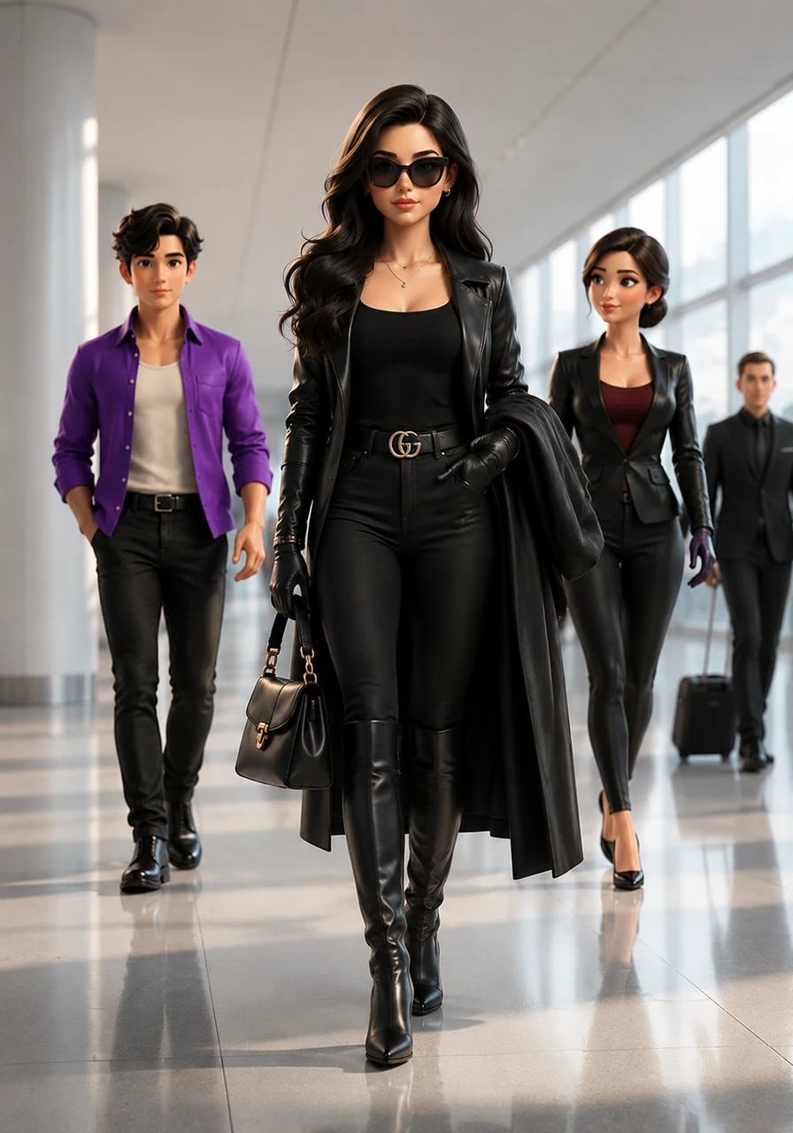 With her security check complete, Anya strides confidently down the expansive hallway toward her gate, holding her leather coat draped elegantly over one arm. Her stylist and the airport staff follow at a respectful distance, ensuring she has total space to breathe. Every step in her minimalist jewelry and perfectly tailored attire commands the quiet room.